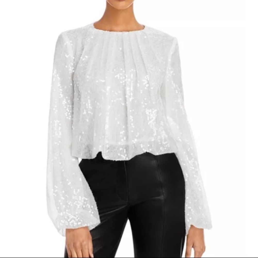 🔵 WAYF White Sequin Balloon Sleeve Top Fully Lined Size M
